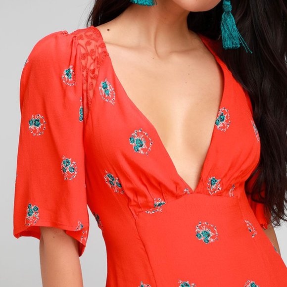 Free People Coral Red Floral Backless Mini Dress - Picture 4 of 4